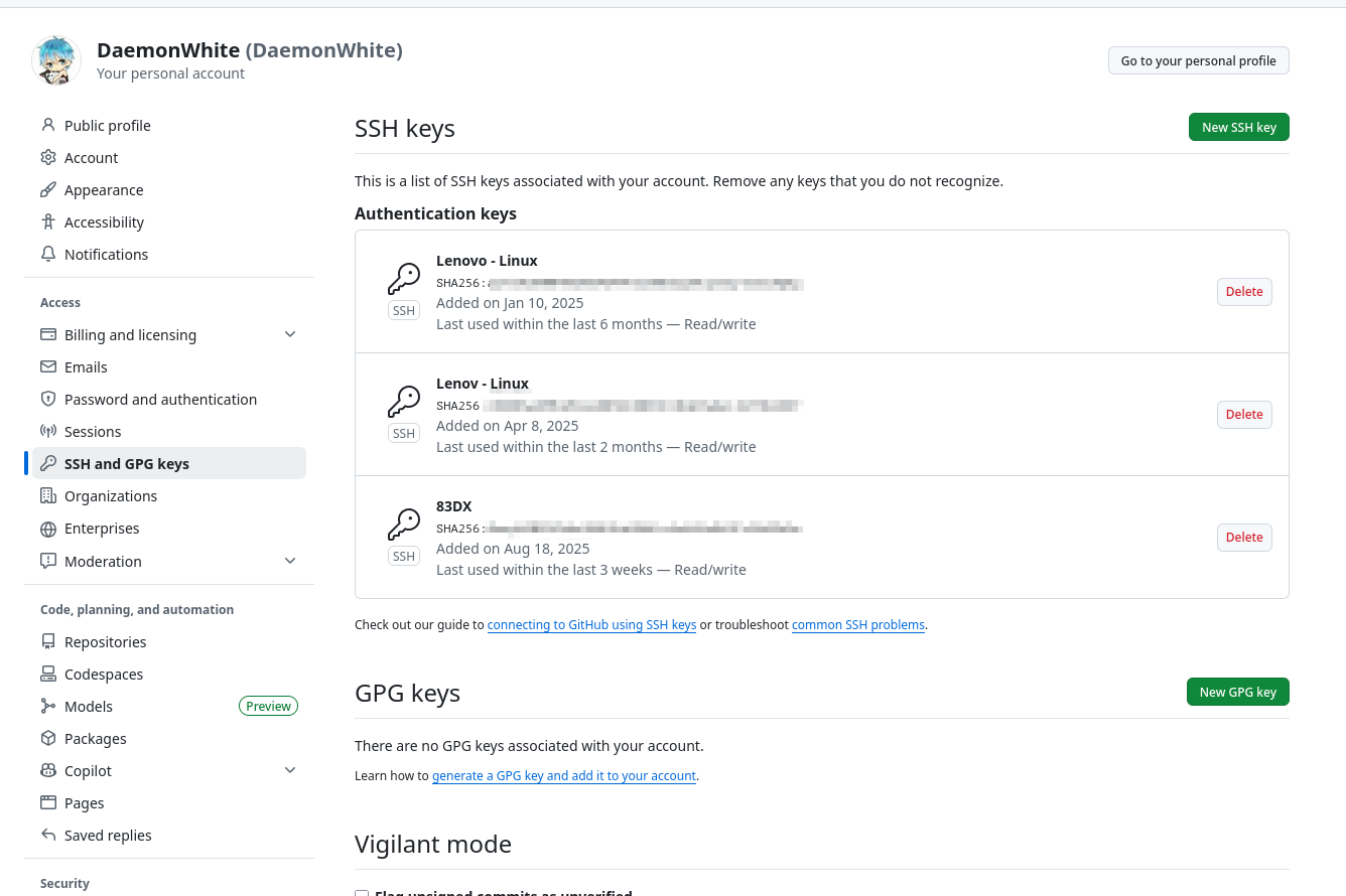 page des clef ssh github