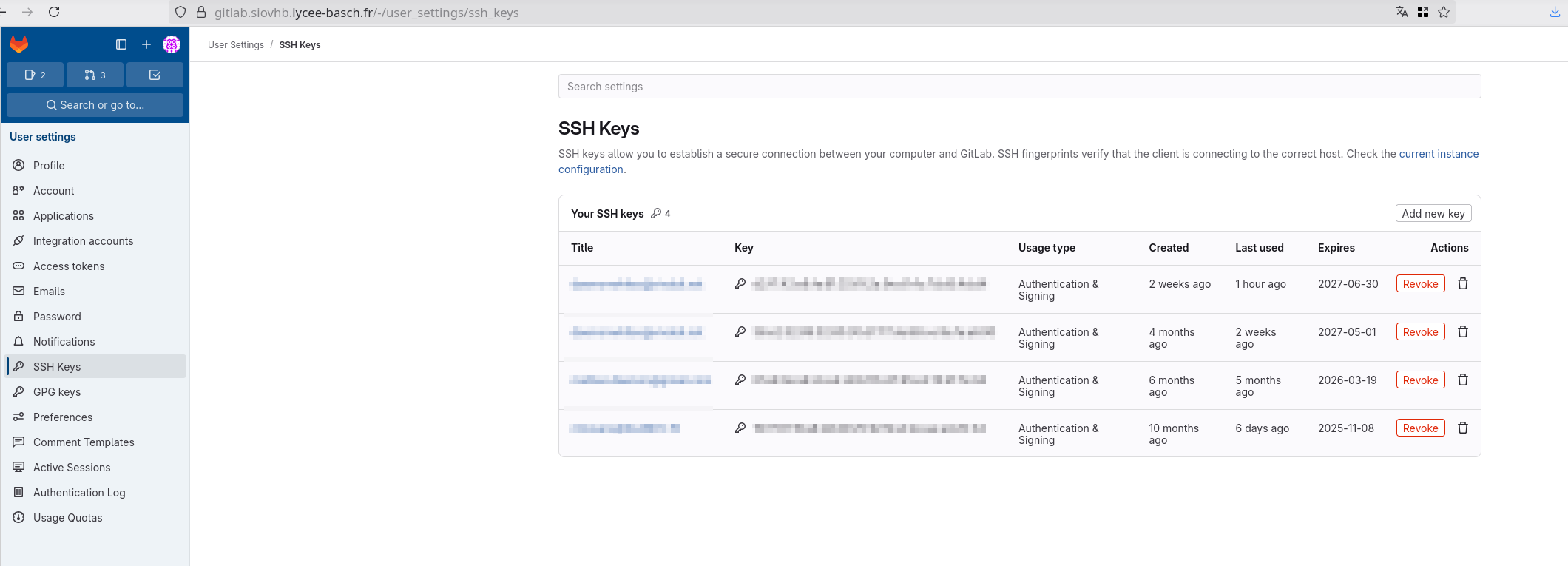 ppage des clef ssh gitlab