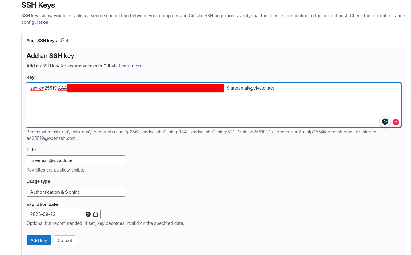 page clef ssh gitlab